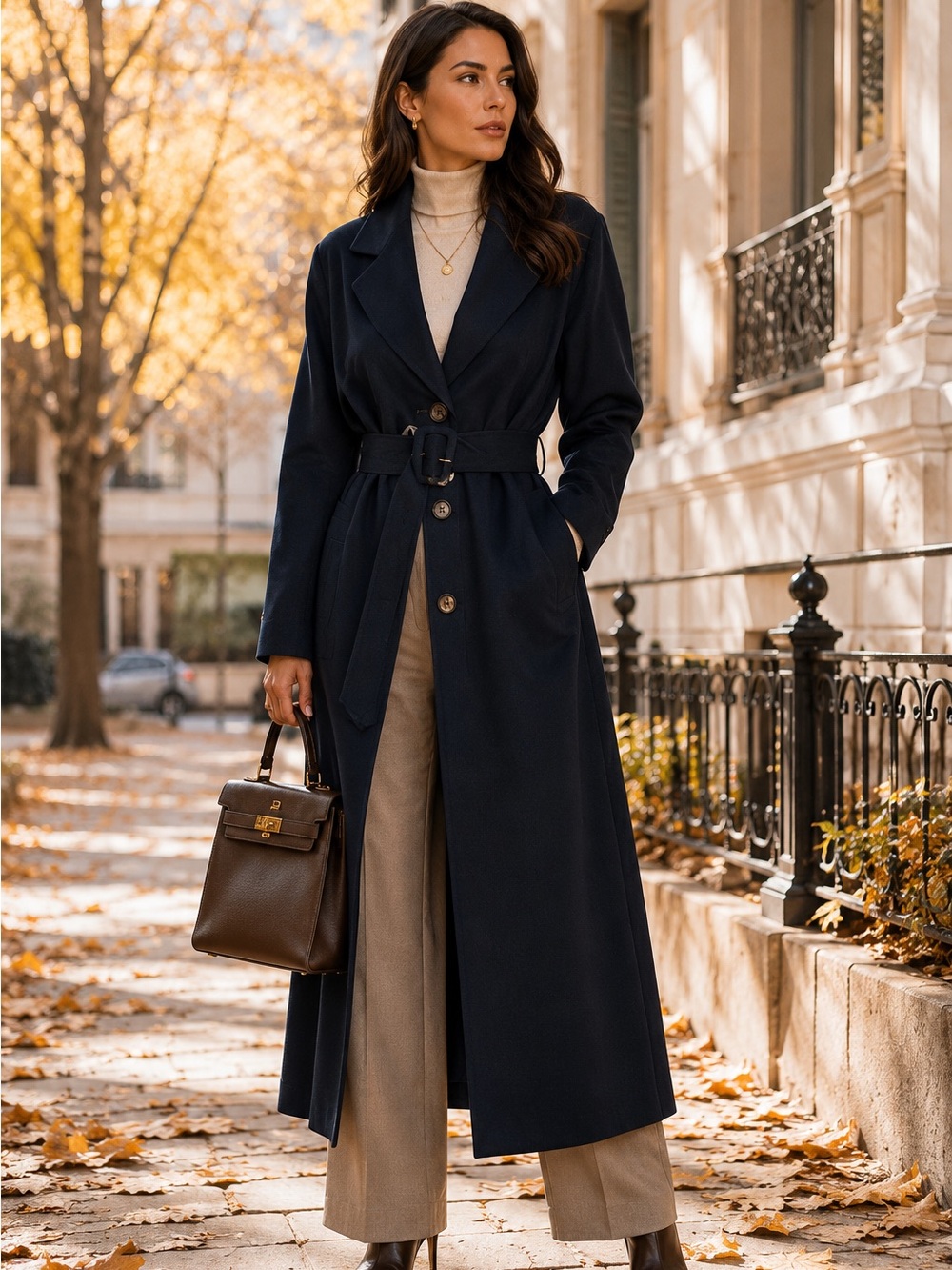 Laurel Escada 100% Pure New Wool Long Belted Coat Navy Blue Lined Women’s XL